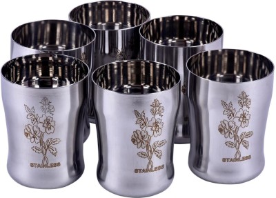 Vikas Metal (Pack of 6) stainless steel flower printed laser glass Glass Set Water/Juice Glass(300 ml, Steel, Silver)