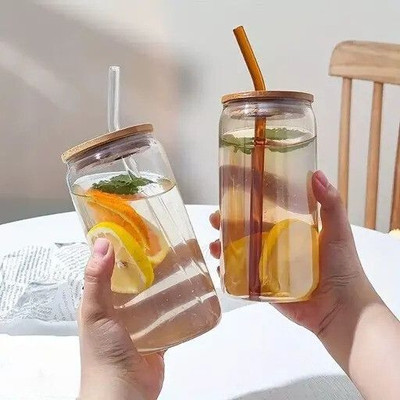 IRONGLASS (Pack of 2) Premium Quality ( Pack Of 2 ) Can shape tumbler with wooden lid and straw Glass Water/Juice Glass(500 ml, Glass, Clear)