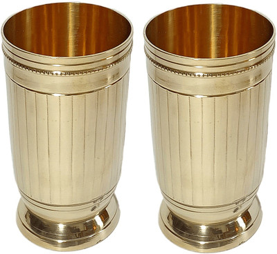 A & H ENTERPRISES (Pack of 2) Heavy Handmade Brass Water Drinking Glass Set Striped Design - Set of 2 pc Glass Set Water/Juice Glass(250 ml, Brass, Gold)