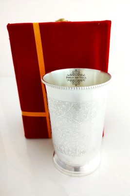 IndianArtVilla Silver Plated Glass Embossed Design Tumbler with Gift Box, 250 ML Glass Water/Juice Glass(250 ml, Brass, Silver)