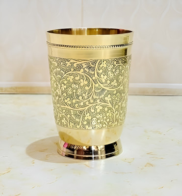 NECON (Pack of 6) Pure Brass Dining Glass | Drinking Brass Tumbler with Embossed Design Glass Set Water/Juice Glass(300 ml, Brass, Gold)