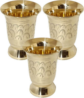 A & H ENTERPRISES (Pack of 3) HandmadeBrass Water Drinking Glass Set /Glassiya Designer - Set of 3 pc H45 Glass Set Water/Juice Glass(200 ml, Brass, Gold)