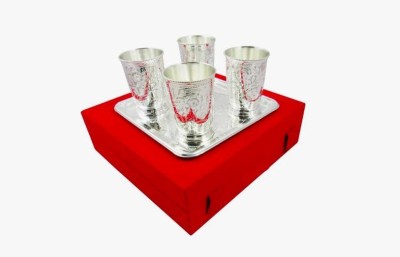 Luminous creations (Pack of 4) Brass Silver Plated Set of Glass with Tray Glass Set Water/Juice Glass(200 ml, Brass, Silver)