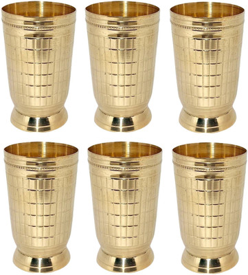 A & H ENTERPRISES (Pack of 6) Brass Water Glasses Set Designer Checks Design (250 ml Each) Set of 6 pcs H49 Glass Set Water/Juice Glass(250 ml, Brass, Gold)