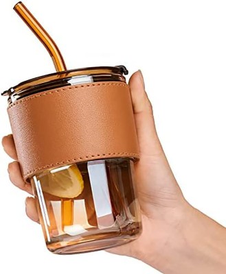 SUNBEET Coffee Cup Sipper glass mug with Lid and Straw Travel Glass Coffee Glass Coffee Mug(400 ml)