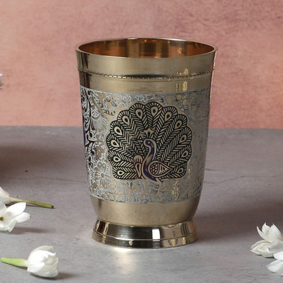 Maanvii Metal Crafts Handcrafted Pure Brass Glass with Embossed Peacock Design - 250 ml Drinkware Glass Water/Juice Glass(250 ml, Brass, Gold)