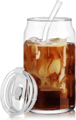 WITBER Can Shape Milk Fruit Juice Sipper Tumbler Mug with Lid and Glass Straw Cup Glass Beer Glass(540 ml, Glass, Clear)