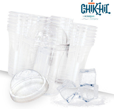 Chikhil (Pack of 100) PET Glasses 350ML with Dom Lid for Parties / Function Glass Water/Juice Glass(350 ml, Plastic, Clear)