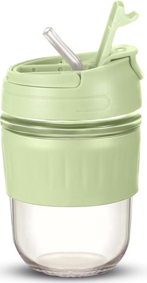 Egab 2 in 1 Ice Juice Drinks Glass Mug Sipper with Straw (Green, 350 ML) Glass Water/Juice Glass(350 ml, Glass, Green)