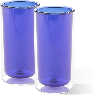 KUBER INDUSTRIES (Pack of 2) 2 Pcs Double Borosilicate Walled Glass Tumblers for Water|250 ML|Blue Glass Set Water/Juice Glass(250 ml, Glass, Blue)
