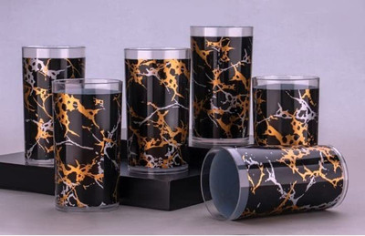 PEYTON (Pack of 6) Black Printed Unbreakable Transparent Plastic Fiber Drinking Water Glass Set Glass Set Water/Juice Glass(300 ml, Plastic, Black, Gold)