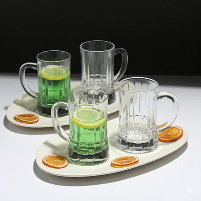 AFAST (Pack of 4) Stylish Transparent Handle Mug, Pack Of 4 -A9 Glass Set Beer Glass(400 ml, Glass, Clear)