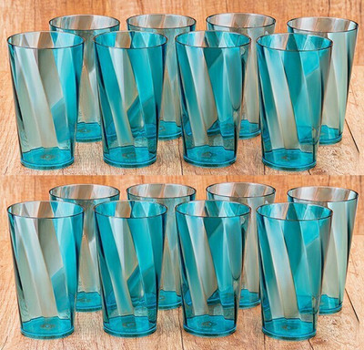 BELLERBIRD (Pack of 16) Premium Quality Twister Shape Plastic Water Glass Set Water/Juice Glass(300 ml, Glass, Blue)