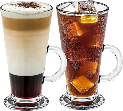 anjaneya enterprise (Pack of 2) Chocolate Mug Glass Tall Irish Coffee Mugs with Handle Set of 2 Glass Set Water/Juice Glass(280 ml, Glass, Clear)