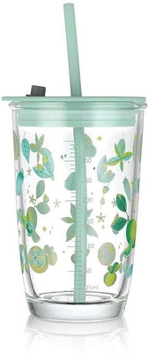 KEITSI Glass Sipper with Lid and Straw Tumbler with Straw, 400 ml-Set of 1 Glass Cocktail Glass(400 ml, Glass, Clear)