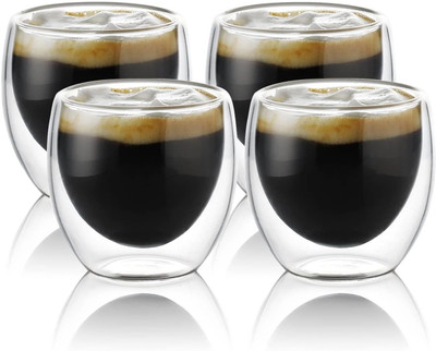 Sophronal (Pack of 4) Double Wall Coffee Cups,Coffee Mug, 250ml Set of 4 i02 Glass Set Water/Juice Glass(250 ml, Glass, Clear)
