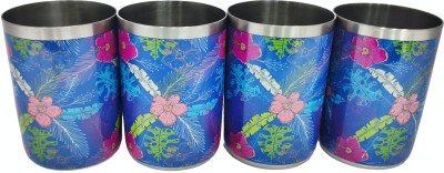 Yes kitchen (Pack of 4) Premium Quality Stainless Steel Colourfull Flower Printed Glass Set Water/Juice Glass(220 ml, Steel, Blue)