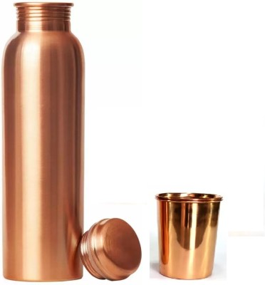 AKIRA (Pack of 2) 1 Copper bottle 1 Copper Glasses With Lid - 300 ml Glass 1000 L Bottle Glass Set Water/Juice Glass(300 ml, Copper, Brown)