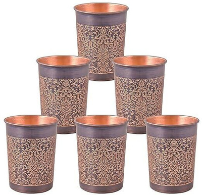 decorative india (Pack of 6) Premium Copper Water Glass Carving Design Black Antique Royal Glossy Finish Glass Set Water/Juice Glass(250 ml, Copper, Brown)