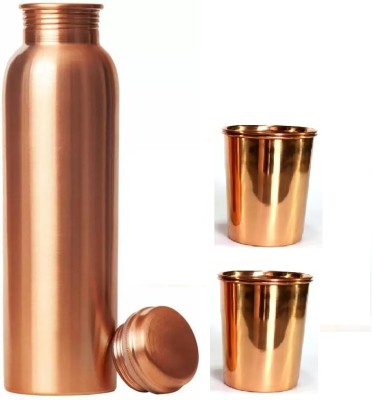 AKiRA (Pack of 3) 1 Copper bottle 2 Copper Glasses With Lid - 300 ml Glass 1000 L Bottle Glass Set Water/Juice Glass(300 ml, Copper, Brown)