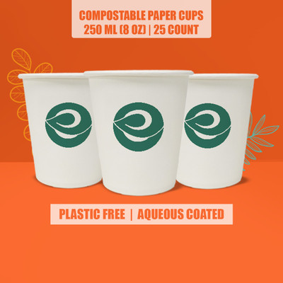 ECO SOUL (Pack of 25) Compostable Paper Cups ( No Lid ) 8oz/250ml, set of 25 Glass Set Water/Juice Glass(250 ml, Paper, White)