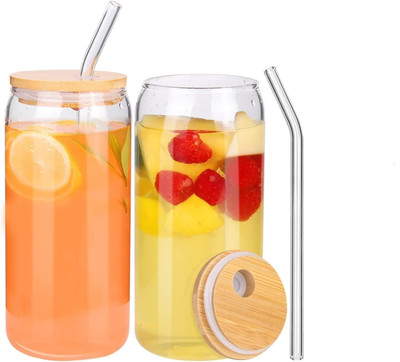 GREATZON ENTERPRISE (Pack of 2) Can Shaped Juice, Water, Drinking Glasses with Glass Straw And Wooden Lid 400ml Glass Set Cocktail Glass(400 ml, Glass, Clear)