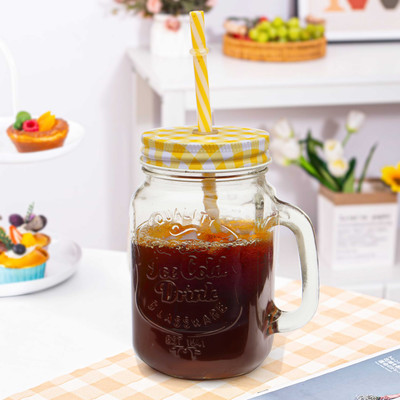 Pure Source India (Pack of 2) Mason Jar Drinking Mugs with Handle, Striped Lid and Reusable Straw Glass Water/Juice Glass(500 ml, Glass, Yellow)