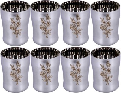 akashmetal (Pack of 8) STEEL FLOWER PRINTED WATER GLASS Glass Set Water/Juice Glass(300 ml, Steel, Silver)