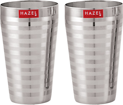 HAZEL (Pack of 2) Stainless Steel Stripped Design Traditional Shape Jumbo Water Lassi Glass Glass Water/Juice Glass(750 ml, Steel, Silver)