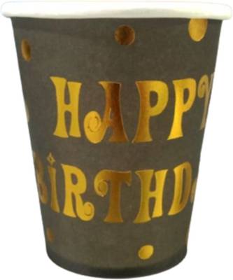 Partywala (Pack of 10) Golden Happy Birthday Print in Black Paper Cups Glass Set Water/Juice Glass