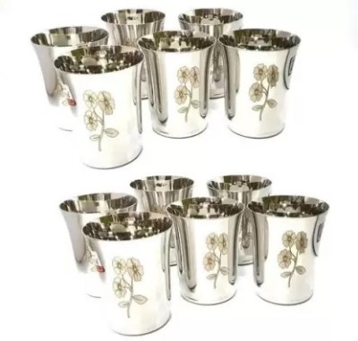 BHAVDEEP (Pack of 12) PACK OF 12 FLOWER DESIGN WATER GLASS /JUICE GLASS (350 ML EACH ) Glass Set Water/Juice Glass(350 ml, Steel, Silver)