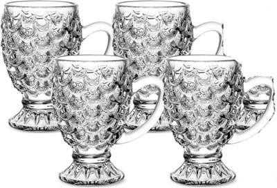manekk world (Pack of 4) Glass Pineapple Pattern Mug with Handle for Juice,Milk,Water,Soda,Lemonade Glass Set Water/Juice Glass(220 ml, Glass, Clear)