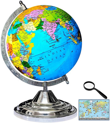 See World STEEL GLOBE 15 Inch Height, 12 Inch Diameter, 75 mm Magnifier and World Map, (Very Big Size) Silver Chrome Metal Arc Base for Kids School College Office Home Laminated Political Geography Study Blue World Globe(12 Inch Diameter Blue)