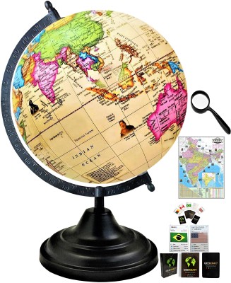 Savy Globe 12 In H, 8 Inch=20.32 cm Dia, 50 mm Magnifier, 52 Country Cards, India Map Black Arc Base, Multicolor Photo Map, Cream Ocean for Kids School Home Office Decorative Antique Décor Rotating World Globe(8 Inch Diameter Cream)