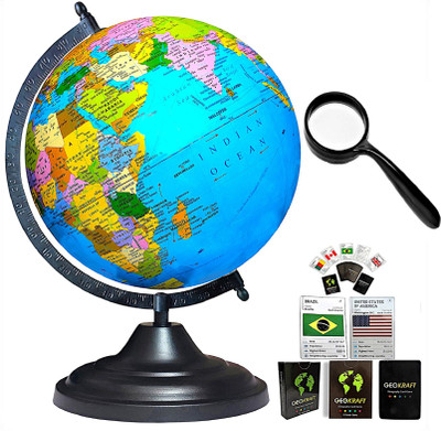 See World GLOBE 15 Inch Height, 12 Inch Diameter, 75 mm Magnifier & 52 Country Trump Cards (Very Big Size) BLACK Metaliic Arc and Base for Kids School College Home Office, Laminated Political Geography Study World Globe(12 Inch Diameter Blue)