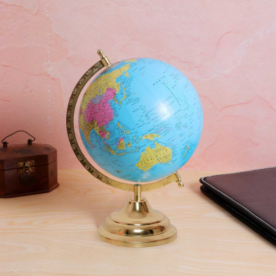 LAO JI HOME Decorative Iron Globe (Dark Blue, 9 Inch), 12.5 Inch Height, Gold-Plated. Desk & Table Top Old World World Globe(Large Blue)