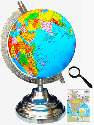 Savy 5 Inch Globe with 75 mm Magnifying Glass & India Map Steel Metal Base Blue Ocean for Kids School Office Home Showpiece Table Décor Gift Item Rotating Laminated= Political Geography Study World Globe(5 Inch Blue)