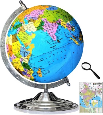 Savy Globe 10 Inch=25.4 cm with 50 mm Magnifying Glass and India Map Chart Steel Chrome Arc Base, Multicolor Map, Blue Ocean for Kids School Home Office Laminated Political Geography Study World Globe(10 Inch Blue)