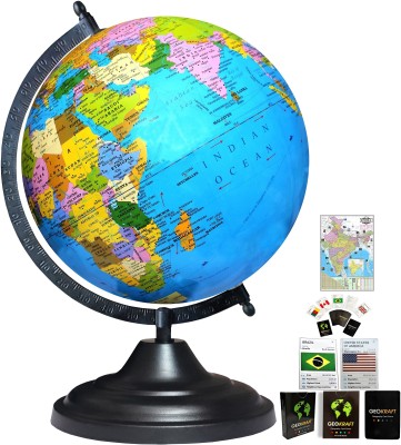 Savy 12 Inch=30.48 cm Globe, 52 Countries Trump Cards & India Chart, Black Arc Base, Multicolor Map Blue Ocean for Kids School Home Office Table Rotating Laminated Political Geography Study World Globe(12 Inch Blue)