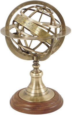 Neo Classic Vintage Zodiac Armillary Brass Sphere Wooden Display Pirate's Ship Decor Globe Armillary Brass Globe 17Th Century World Globe(Medium Brown)