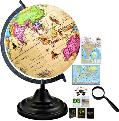 Savy Globe 12 In H, 8 In=20.32 cm Dia, 50 Magnifier, Country Cards, India, World Maps Black Arc Base, Multicolor Photo Map, Cream Ocean for Kids School Home Office Decorative Antique Décor Rotating World Globe(8 Inch Diameter Cream)