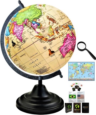 Savy Globe 12 In H, 8 Inch=20.32 cm Dia, 50 mm Magnifier, 52 Country Cards, World Map Black Arc Base, Multicolor Photo Map, Cream Ocean for Kids School Home Office Decorative Antique Décor Rotating World Globe(8 Inch Diameter Cream)
