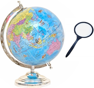 Hivex Publication HVP Educational World Globe with Magnifying Glass | Rotating World Globe with Steel Finish | Globe for Kids, Students, Office Desk etc |Desk & Table Top Political World Globe(10.5 Inches Height, 8 inch Diameter Blue)
