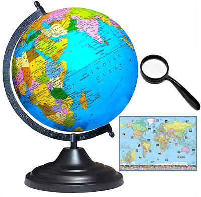 See World GLOBE 15 Inch Height, 12 Inch Diameter, 75 mm Magnifier and World Map, (Very Big Size) BLACK Metaliic Arc and Base for Kids School College Home Office, Laminated Political Geography Study World Globe(12 Inch Diameter Blue)