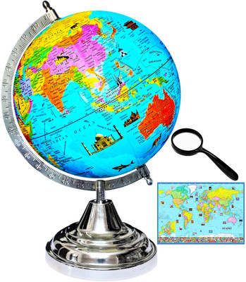 Savy 8 Inch Rotating Globe Steel Metal Arc Base Monuments Map for Kids School Office with 75 mm Magnifying Glass & World Map Blue Ocean Home Showpiece Table Décor Geography World Globe(8 Inch Blue)