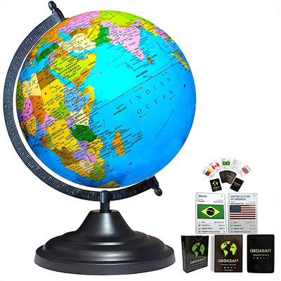 See World GLOBE 15 Inch Height, 12 Inch Diameter and 52 Country Trump Cards, (Very Big Size) BLACK Metaliic Arc and Base for Kids School College Home Office, Laminated Political Geography Study World Globe(12 Inch Diameter Blue)