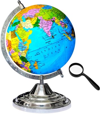 Savy Educational Laminated Rotating 12 Inch Globe for Kids/Students/Schools/Offices Chrome Steel Base with 1 Magnifying Glass Political Geography World Globe(12 Inch Diameter Blue)