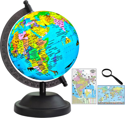 Savy 5 IN Globe+50 mm Magnifying Glass+World+India Maps Black Base with Monuments Ocn for Kids School Office Home Showpiece Table Décor Gift Item Rotating Laminated Political Geography Study World Globe(5 Inch Blue)