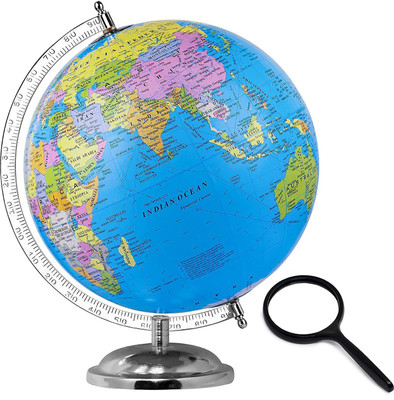 eRise Big Size World Globe w/ Steel Finish Arc & Base, Educational Political Map Globe for Home Globe for Kids Learning Study Geography Students Teachers Schools & Offices – 12 Inch Diameter Globe World Map World Globe(12 Inch Blue)