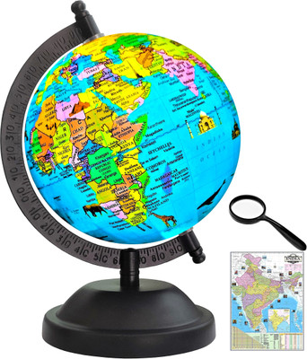 Savy 5 IN Globe+75mm Magnifying Glass+India Map Chart Black Metal Base Monument Ocean for Kids School Office Home Showpiece Table Décor Gift Item Rotating Laminated Political Geography Study World Globe(5 Inch Blue)
